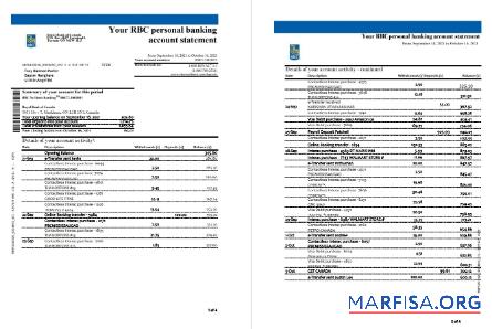 Printable Canada Royal Bank of Canada (RBC) bank statement excel 4 pages download for verification